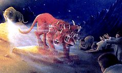 Ilustraci&oacute;n colorida que muestra tres leones rojizos rugiendo sobre una plataforma rocosa, mientras una multitud de personas los observa bajo una noche estrellada, en relaci&oacute;n con el Mazzaroth.