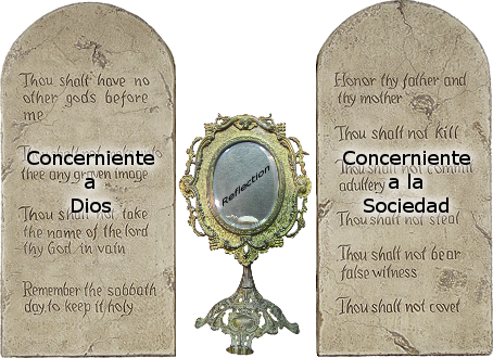 Imagen mostrando tres objetos antiguos con textos. A la izquierda y a la derecha, dos tablillas de piedra vertical con inscripciones que parecen extractos de los Diez Mandamientos en ingl&eacute;s. En el centro, un espejo ovalado con un elaborado marco dorado, apoyado sobre una base que tambi&eacute;n parece antigua. El espejo refleja un cielo nublado.