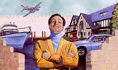 Ilustraci&oacute;n de un hombre sonriendo con los brazos cruzados vestido con un su&eacute;ter amarillo y bufanda azul. Detr&aacute;s de &eacute;l, se ven signos de prosperidad como un yate, un autom&oacute;vil deportivo, una avioneta y una casa grande.