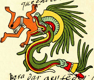 Ilustraci&oacute;n colorida de un elemento de la Mazzaroth que representa una figura mitol&oacute;gica de un hombre con cuerpo de serpiente, enfrentando a un ave. La figura humana sostiene una especie de herramienta y es adornada con plumas, mientras el ave, tambi&eacute;n adornada con plumas, extiende sus alas.