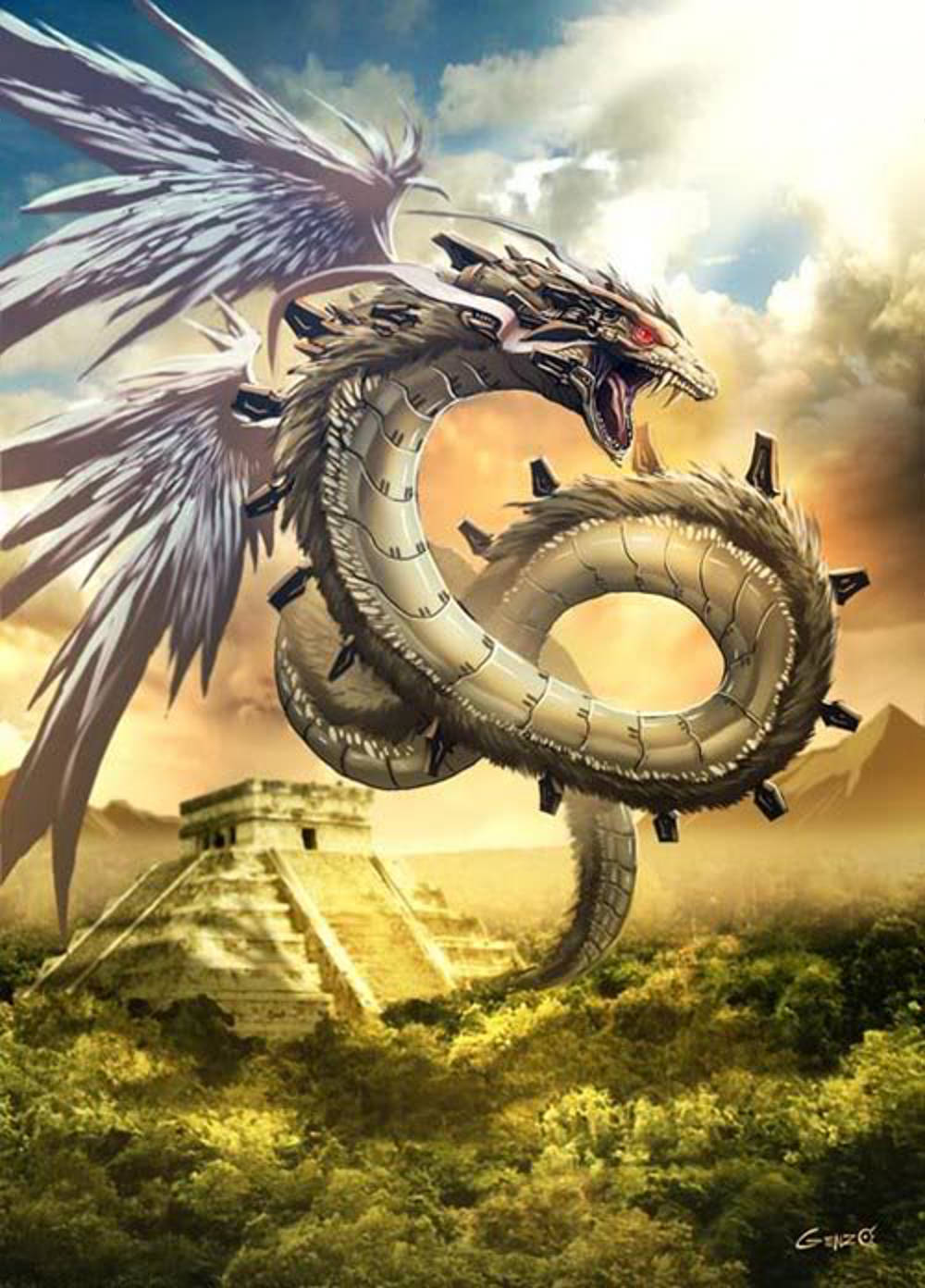 Ilustraci&oacute;n de un gran drag&oacute;n alado de color plateado y gris, con ojos rojos, elev&aacute;ndose sobre una pir&aacute;mide mesoamericana en una selva frondosa, bajo un cielo nublado iluminado por la luz del sol. La imagen evoca temas de narrativas mitol&oacute;gicas y antiguas civilizaciones.