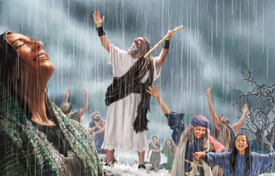 Ilustraci&oacute;n de un grupo de personas en &eacute;pocas antiguas, bajo una lluvia torrencial, celebrando o realizando un rito. Un hombre mayor alza los brazos y una vara hacia el cielo en se&ntilde;al de veneraci&oacute;n o plegaria, mientras que otras personas alrededor sonr&iacute;en y levantan sus manos, disfrutando del agua que cae.