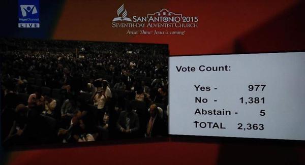 Imagen de un evento de la Iglesia Adventista del S&eacute;ptimo D&iacute;a en San Antonio 2015, mostrando una gran multitud de asistentes en un auditorio con un proyector mostrando los resultados de una votaci&oacute;n: 977 votos afirmativos, 1,381 votos negativos y 5 abstenciones, con un total de 2,363 votos.