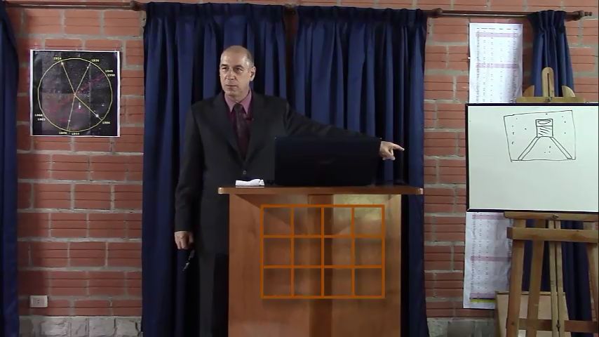 Un hombre calvo con traje est&aacute; parado en un aula, se&ntilde;alando una pantalla de laptop sobre un atril. A su izquierda hay un mapa circular que podr&iacute;a representar el Mazzaroth en un contexto cient&iacute;fico, y a su derecha un caballete con un diagrama de un prisma.