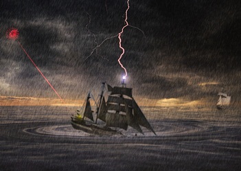 Una escena nocturna marina durante una tormenta el&eacute;ctrica, con un barco de vela grande en primer plano, navegando en aguas turbulentas. En el fondo, otro barco m&aacute;s peque&ntilde;o y rel&aacute;mpagos iluminan el cielo oscuro. Un fen&oacute;meno luminoso rojo aparece en el cielo, posiblemente un evento astron&oacute;mico.