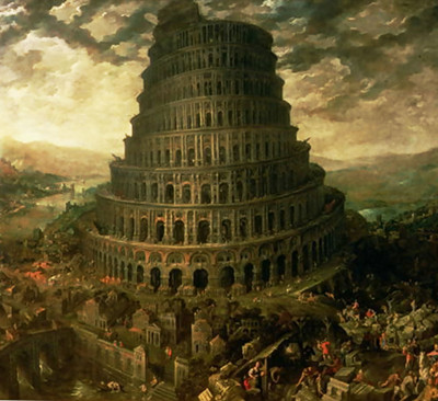 Pintura de la Torre de Babel, una estructura en espiral monumental rodeada de bulliciosas actividades humanas, bajo un cielo nublado.