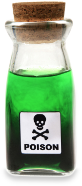 Botella peque&ntilde;a de vidrio con tap&oacute;n de corcho que contiene un l&iacute;quido verde brillante, etiquetado con un &iacute;cono de calavera y huesos cruzados y la palabra "VENENO".
