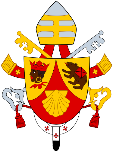 Escudo her&aacute;ldico con dise&ntilde;o religioso y simbolog&iacute;a que representa elementos celestiales sin utilizar t&eacute;rminos astrol&oacute;gicos. Incluye una cruz arzobispal, llaves cruzadas y dos osos, uno con una corona y un rub&iacute; rojo, y el otro caminando hacia la derecha. La concha de vieira caracteriza conceptos de peregrinaci&oacute;n y exploraci&oacute;n.