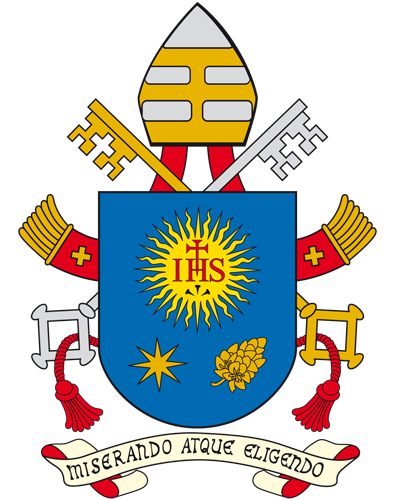 Escudo que incluye un emblema eclesi&aacute;stico con una tiara y llaves cruzadas, sobre un fondo azul con un monograma IHS rodeado de rayos solares, una estrella y una espiga de trigo. Incluye tambi&eacute;n otros s&iacute;mbolos como una cruz y anclas, con una banda que lleva la inscripci&oacute;n "Miserando Atque Eligendo".