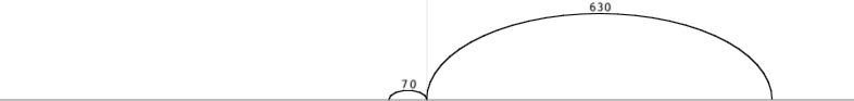 Diagrama simple que muestra un arco grande con una etiqueta num&eacute;rica de 630 en la parte superior y dos etiquetas de 70 en los extremos inferiores del arco.