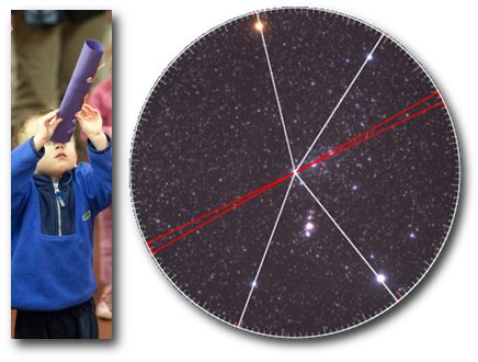 Un ni&ntilde;o peque&ntilde;o observa el cielo a trav&eacute;s de un telescopio casero mientras, a su lado, se muestra una imagen circular del firmamento con l&iacute;neas cruzadas y estrellas visibles, destacando la complejidad del Mazzaroth.