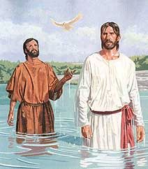 Ilustraci&oacute;n de dos hombres en un r&iacute;o, uno apuntando al cielo donde vuela una paloma blanca. El entorno es sereno con vegetaci&oacute;n y cielo despejado.