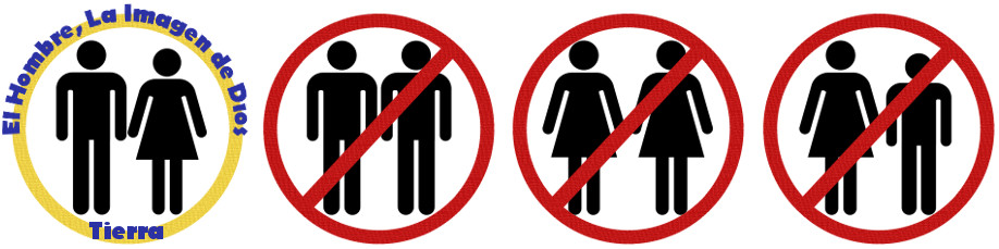 Cuatro s&iacute;mbolos en l&iacute;nea que representan a personas. El primero muestra una pareja de hombre y mujer en un c&iacute;rculo amarillo con texto que dice "El hombre, La imagen de Dios tiene Tierra". Los otros tres s&iacute;mbolos, dentro de c&iacute;rculos rojos con una l&iacute;nea diagonal atraves&aacute;ndolos, incluyen un hombre y una mujer con diferentes variaciones de cercan&iacute;a y orientaci&oacute;n.