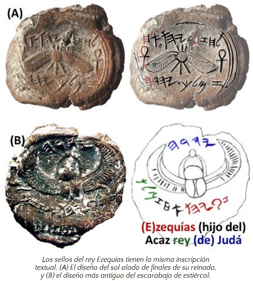 Imagen que muestra dos sellos antiguos (A y B). El sello (A) presenta inscripciones en caracteres antiguos con un dise&ntilde;o central que incluye un s&iacute;mbolo solar. El sello (B) est&aacute; m&aacute;s deteriorado y muestra un grabado apenas visible de un escarabajo. Al lado derecho, reconstrucciones y anotaciones explican y destacan los detalles de los sellos y las inscripciones relacionadas con Hezekiah, hijo de Ahaz, rey de Jud&aacute;.