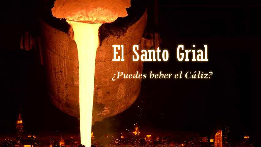 Imagen surrealista representando un gran c&aacute;liz vertiendo un l&iacute;quido brillante sobre un horizonte urbano nocturno iluminado, con destacados rascacielos. El texto en la imagen dice "El Santo Grial &iquest;Puedes beber el C&aacute;liz?"