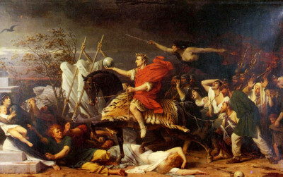 Pintura cl&aacute;sica que representa una escena b&eacute;lica ca&oacute;tica con m&uacute;ltiples figuras humanas en diversas actitudes de combate, sufrimiento y desesperaci&oacute;n. Una figura central masculina, vestida con una t&uacute;nica roja, se alza como l&iacute;der comandando la acci&oacute;n, mientras en el cielo una figura et&eacute;rea parece guiar o presagiar el destino de los combatientes.