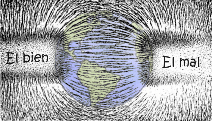 Ilustraci&oacute;n en blanco y negro de un ojo c&oacute;smico con el planeta Tierra en el centro, representando un iris visual. A la izquierda, el texto dice "El bien" y a la derecha, dice "El mal". El dise&ntilde;o evoca conceptos de visi&oacute;n y percepci&oacute;n global bajo una perspectiva moral.