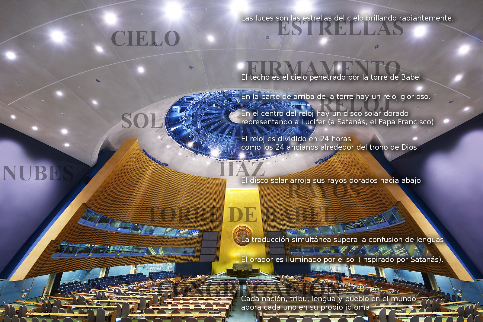 Imagen de un auditorio moderno con techo iluminado que simula un firmamento estrellado, destacando en su centro una estructura met&aacute;lica circular que recuerda a una torre de reloj con un disco solar en medio. Abajo, se observa una sala amplia con asientos desocupados y paneles de madera que enfatizan el dise&ntilde;o arquitect&oacute;nico contempor&aacute;neo.