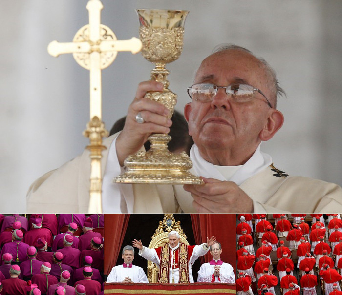 Imagen compuesta por tres fotograf&iacute;as relacionadas con el Vaticano. En la superior, un l&iacute;der religioso en vestiduras blancas sostiene una copa dorada y un objeto en forma de cruz. En la imagen inferior izquierda, un grupo de figuras en vestimentas p&uacute;rpuras sentadas en forma de asamblea. En la inferior derecha, otro l&iacute;der religioso en vestimentas doradas y blancas saluda desde un balc&oacute;n adornado, rodeado de figuras en atuendos rojos.