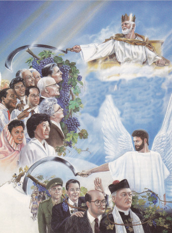 Ilustraci&oacute;n que muestra a un &aacute;ngel con una espada, volando sobre un grupo diverso de personas de diferentes or&iacute;genes &eacute;tnicos y eras, quienes est&aacute;n juntos bajo una nube. Hay figuras vestidas de blanco con alas, y en el fondo, la luz del cielo y nubes. La escena incluye tambi&eacute;n elementos de vegetaci&oacute;n como uvas.