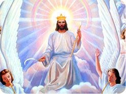 Imagen ilustrada de una figura masculina con aureola radiante, vistiendo ropas blancas y sosteniendo un bast&oacute;n, flanqueado por figuras angelicales en un fondo celestial iluminado.