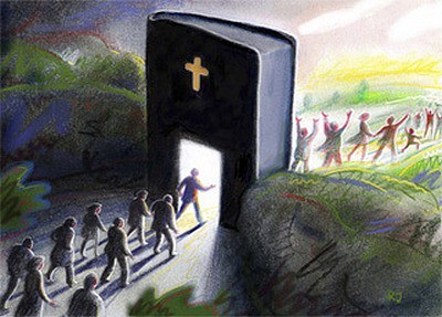 Ilustraci&oacute;n de un grupo de personas caminando hacia una gran puerta negra en una colina, con una cruz dorada en la parte superior, simbolizando la entrada a un nuevo amanecer. Al otro lado de la puerta, otro grupo celebra en un entorno iluminado por un sol brillante.