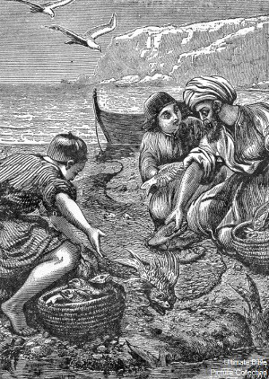 Grabado en blanco y negro que muestra a un hombre anciano con barba y tres ni&ntilde;os en la orilla de un r&iacute;o. Los ni&ntilde;os parecen estar aprendiendo a pescar, mientras dos de ellos est&aacute;n de pie y uno est&aacute; inclinado sobre una canasta que contiene peces. El fondo muestra un paisaje de r&iacute;o con aves volando y acantilados lejanos.