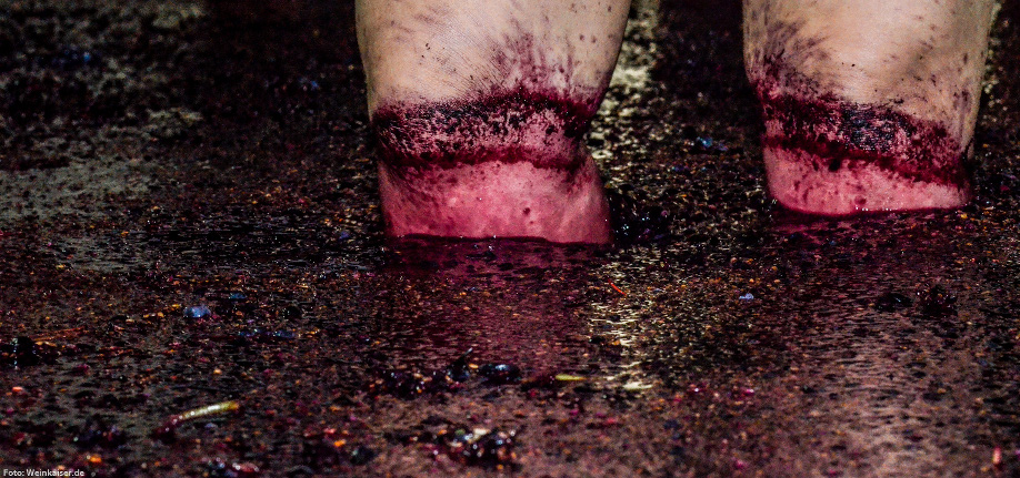 Primer plano de dos pies humanos descalzos manchados con un polvo rojo y parados en un suelo h&uacute;medo y oscuro lleno de part&iacute;culas brillantes.