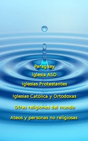 Imagen conceptual con un fondo de agua en tonos azules que muestra ondas conc&eacute;ntricas formadas por la ca&iacute;da de una gota de agua. En el centro, texto superpuesto lista diversas categor&iacute;as religiosas incluyendo "Paraguay", "Iglesia ASD", "Iglesias Protestantes", "Iglesias Cat&oacute;lica y Ortodoxas", "Otras religiones del mundo", y "Ateos y personas no religiosas".
