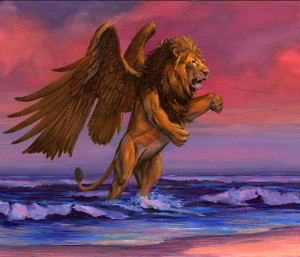 Una pintura de un le&oacute;n alado majestuoso, que representa una figura del Mazzaroth, corriendo sobre las olas del mar bajo un cielo crepuscular.