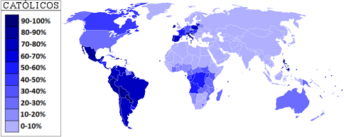 Mapa mundial que ilustra el porcentaje de poblaci&oacute;n cat&oacute;lica por pa&iacute;s, con una escala de color que va del azul oscuro al azul claro representando rangos desde 0-10% hasta 90-100%.