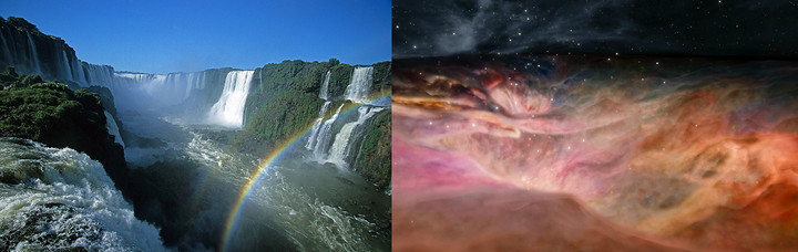 A split image showing two distinct scenes. A natural landscape on the left with a majestic waterfall, heavy water flow, surrounding greenery, and a vivid rainbow arching across. On the right, a deep space nebula, shown in colors ranging from blue, pink to orange, resembling cosmic clouds amidst a star-filled sky.
