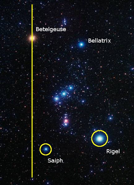 Imagen astron&oacute;mica que muestra estrellas brillantes en el cielo nocturno. Incluye Betelgeuse, Bellatrix, Saiph y Rigel, algunos de los astros m&aacute;s notables en el espacio.