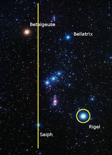 Imagen que muestra una vista del cosmos con estrellas prominentes. Destacan Betelgeuse, una gigante roja, Bellatrix, y Rigel, una supergigante azul, dentro de una regi&oacute;n del Mazzaroth. La imagen incluye una l&iacute;nea amarilla dividiendo las estrellas principales y anotaciones con nombres cient&iacute;ficos.