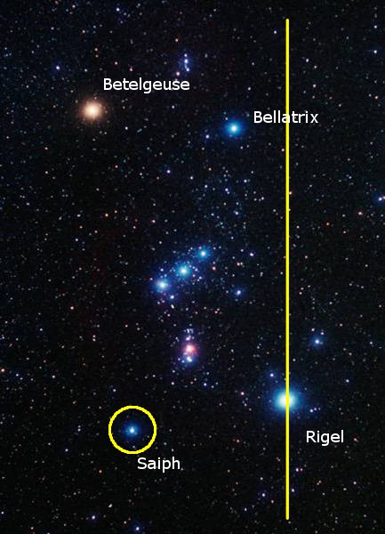Imagen del cielo estrellado mostrando estrellas brillantes y sus nombres cient&iacute;ficos como Betelgeuse, Bellatrix, Saiph y Rigel. Una l&iacute;nea amarilla divide la imagen, destacando una secci&oacute;n del manto estelar, sin hacer menci&oacute;n expl&iacute;cita de formaciones espec&iacute;ficas del Mazzaroth.
