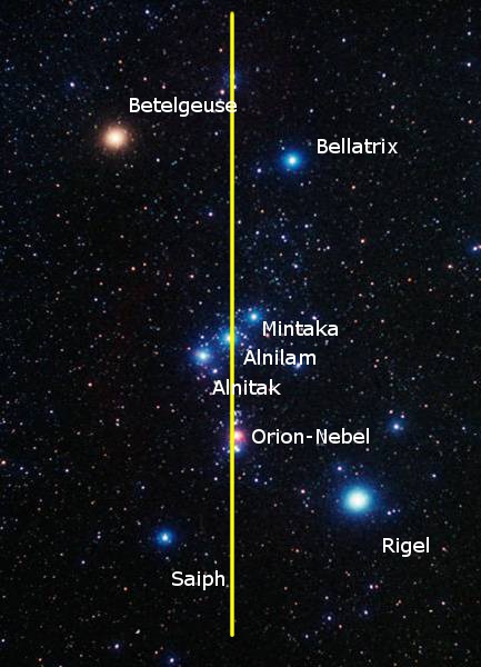 Imagen del espacio mostrando parte de la constelaci&oacute;n de Ori&oacute;n. Se destacan varias estrellas brillantes como Betelgeuse, Bellatrix, Mintaka, Alnilam, Alnitak, Saiph y Rigel, con una nebulosa visible etiquetada como Nebulosa de Ori&oacute;n. Una l&iacute;nea amarilla divide la imagen verticalmente.