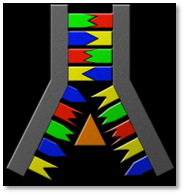 Imagen de una representaci&oacute;n abstracta de la Mazzaroth, mostrando un conjunto de s&iacute;mbolos coloridos dispuestos en tres columnas dentro de una estructura en forma de "Y" invertida sobre fondo negro.