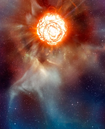 Imagen de una representaci&oacute;n art&iacute;stica de un astro luminoso con forma similar a un le&oacute;n, emergiendo de una nebulosa con tonalidades de rojo, naranja y azul, simbolizando un fen&oacute;meno celeste relacionado con el Mazzaroth.