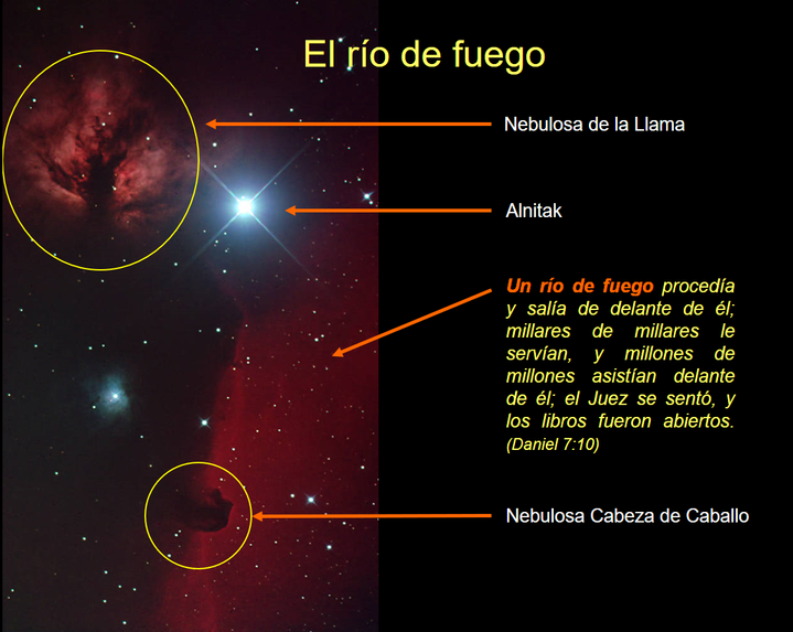 Imagen de astronom&iacute;a mostrando dos nebulosas conocidas y una estrella brillante. En la imagen se destacan la Nebulosa de la Llama, la estrella Alnitak y la Nebulosa Cabeza de Caballo, ubicadas sobre un fondo estrellado de color rojo intenso. Incluye texto b&iacute;blico de Daniel 7:10 que menciona un r&iacute;o de fuego y millones de servidores.