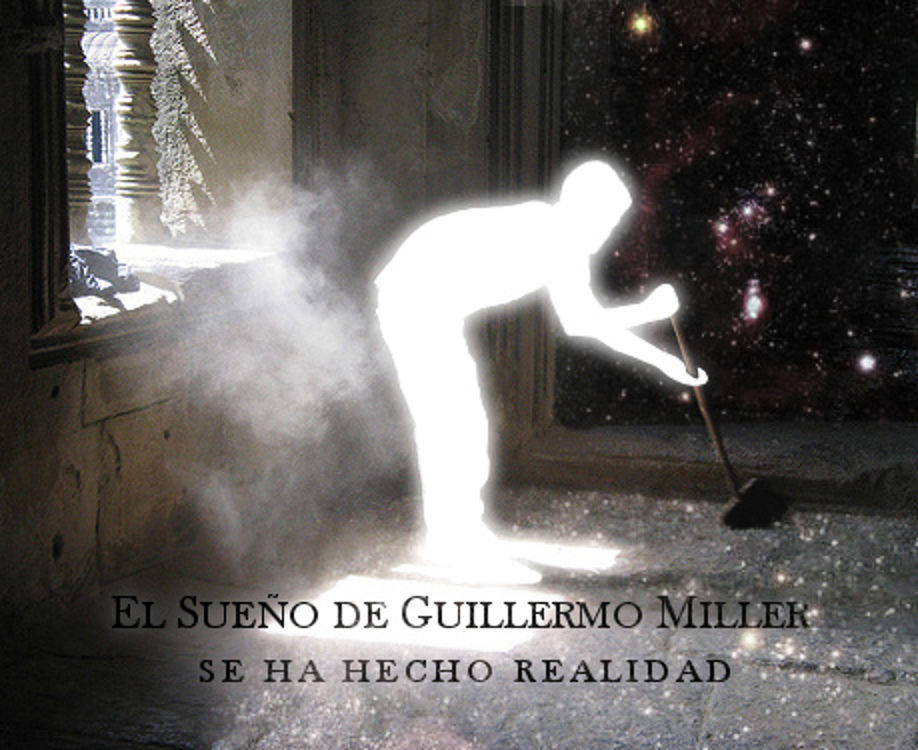 Una figura silueteada con l&iacute;neas blancas, que parece barrer el suelo con una escoba en una habitaci&oacute;n llena de polvo y luz resplandeciente que entra por la ventana. Al fondo se percibe una extensi&oacute;n de estrellas y nebulosas en el espacio exterior. Texto en la imagen: "El sue&ntilde;o de Guillermo Miller se ha hecho realidad".