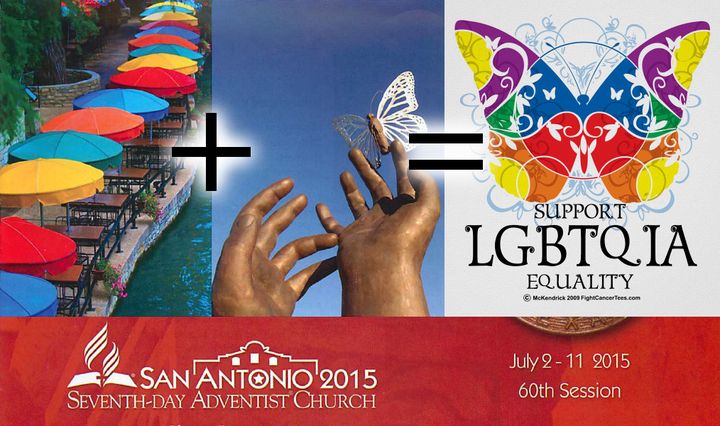 Imagen compuesta que incluye varias secciones. A la izquierda, una escena colorida del Paseo del R&iacute;o en San Antonio con sombrillas multicolores alineadas sobre el agua. En el centro, un primer plano de dos manos humanas, una tocando una mariposa en el cielo azul. A la derecha, un dise&ntilde;o gr&aacute;fico sim&eacute;trico con mariposas y filigranas, promoviendo la igualdad LGBTQIA+. Bajo las im&aacute;genes, informaci&oacute;n sobre la 60&ordf; sesi&oacute;n de la Iglesia Adventista del S&eacute;ptimo D&iacute;a en San Antonio 2015.