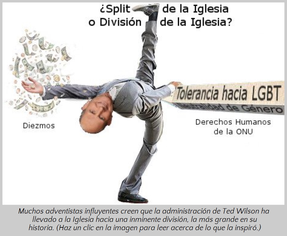 Imagen compuesta en la que se muestra a un hombre en traje gris en una pose invertida equilibr&aacute;ndose sobre un pie, mientras que su cuerpo parece estar dividido en dos. A su izquierda, se dispersan billetes simbolizando el diezmo y a su derecha, sostiene una tabla de madera con texto referente a la tolerancia LGBT y derechos humanos de la ONU. Interner Link zu einem Artikel auf dieser Website.