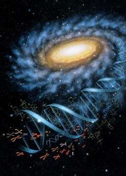 Ilustraci&oacute;n de una galaxia espiral con un n&uacute;cleo brillante rodeado de estrellas, intercalado con una estructura de ADN azul que flota en el espacio, simbolizando una conexi&oacute;n entre la cosmolog&iacute;a y la biolog&iacute;a molecular.