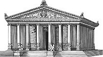 Ilustraci&oacute;n en blanco y negro de un templo cl&aacute;sico con columnas corintias y un friso detallado que muestra escenas de la Mazzaroth distribuidas en un estilo art&iacute;stico.