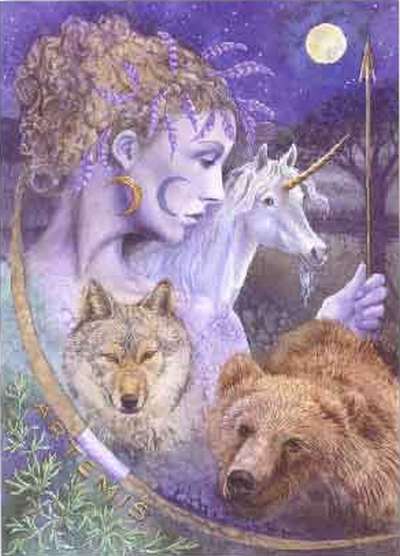 Ilustraci&oacute;n m&iacute;stica que muestra a una figura humana femenina de tez clara con cabello rizado y una luna creciente en el fondo. La acompa&ntilde;an un unicornio blanco, un lobo y un oso marr&oacute;n, todos dentro de un c&iacute;rculo rodeado de estrellas.