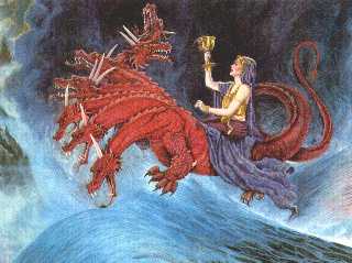 Ilustraci&oacute;n de un drag&oacute;n rojo con m&uacute;ltiples cabezas y una mujer vestida en ropas azules y doradas montando sobre su espalda en un entorno marino tumultuoso.
