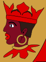 Ilustraci&oacute;n de un perfil de una figura humana con una corona y adornos rojos, mostrando caracter&iacute;sticas estilizadas y un fondo de color beige.